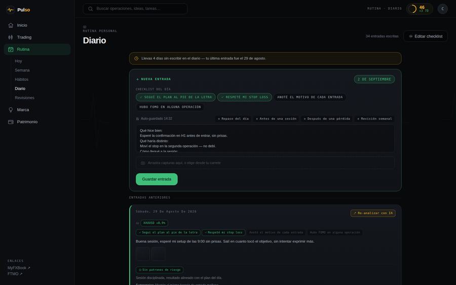 Diario personal en Pulso, con plantillas rápidas