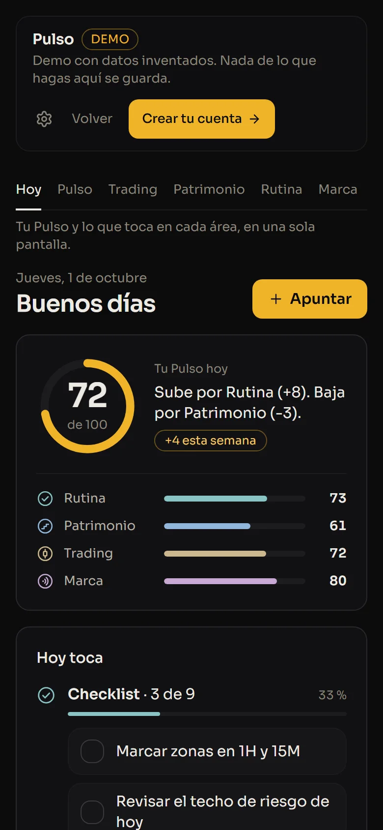 La tarjeta del Pulso dentro de la app: 72 de 100, con Rutina 73, Patrimonio 61, Trading 72 y Marca 80