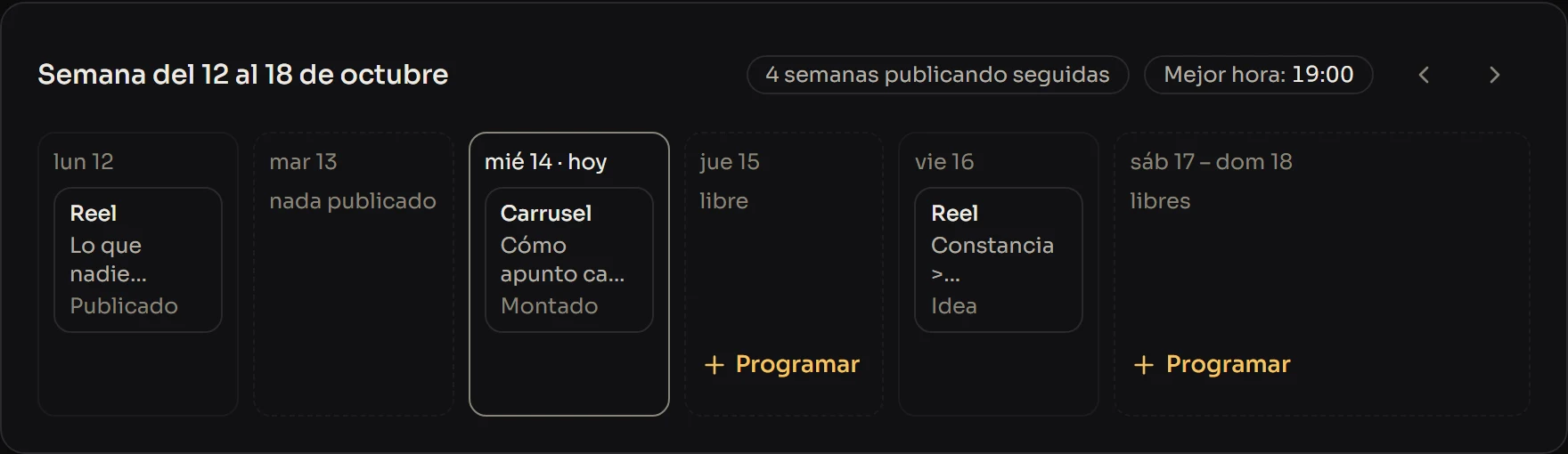 La semana de publicaciones en Marca, día a día, con los reels y los carruseles: 4 semanas publicando seguidas
